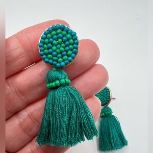 J. Crew Teal Beaded Tassel Stud Earrings and Dust Bag